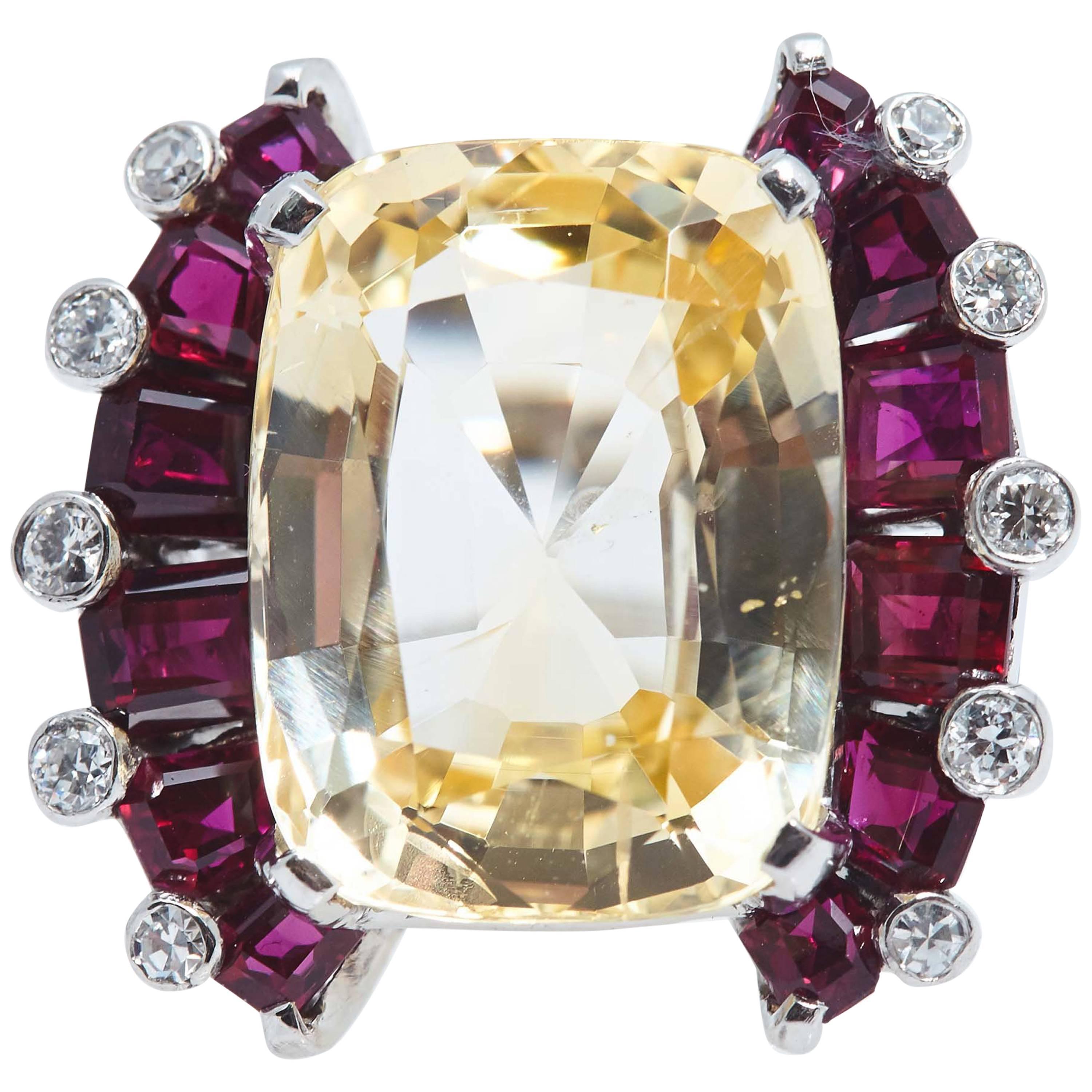 Oscar Heyman Natural Yellow Cushion Shaped Sapphire Ruby Diamond Platinum Ring For Sale