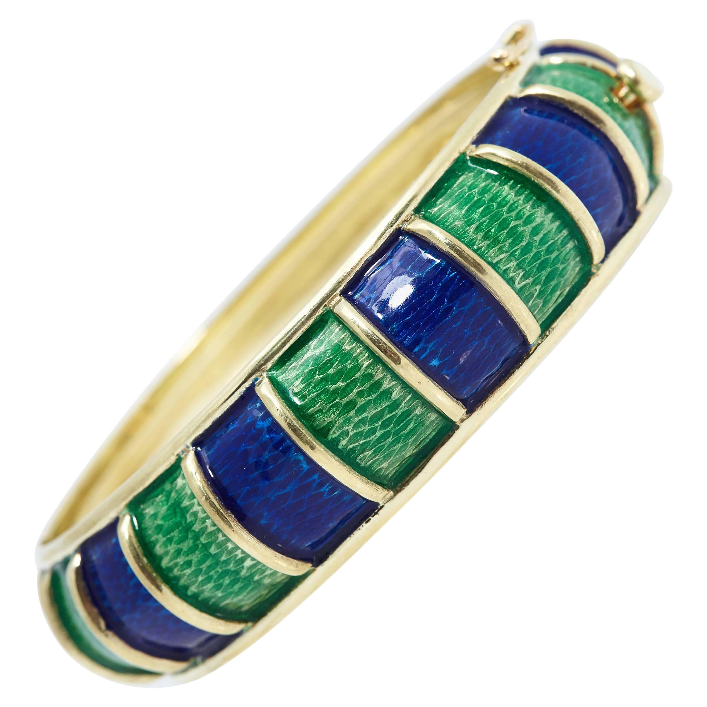 Cellino Blue and Green Enamel Gold Bangle Bracelet For Sale