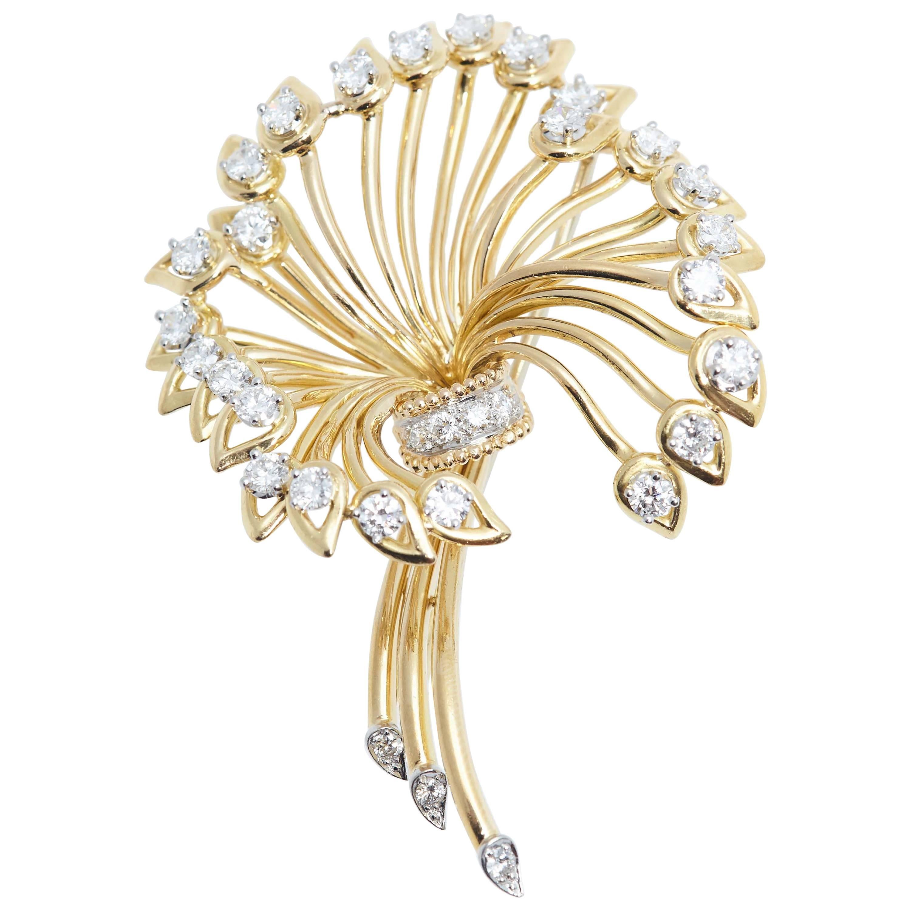 Cartier Diamond Gold Flower Brooch For Sale