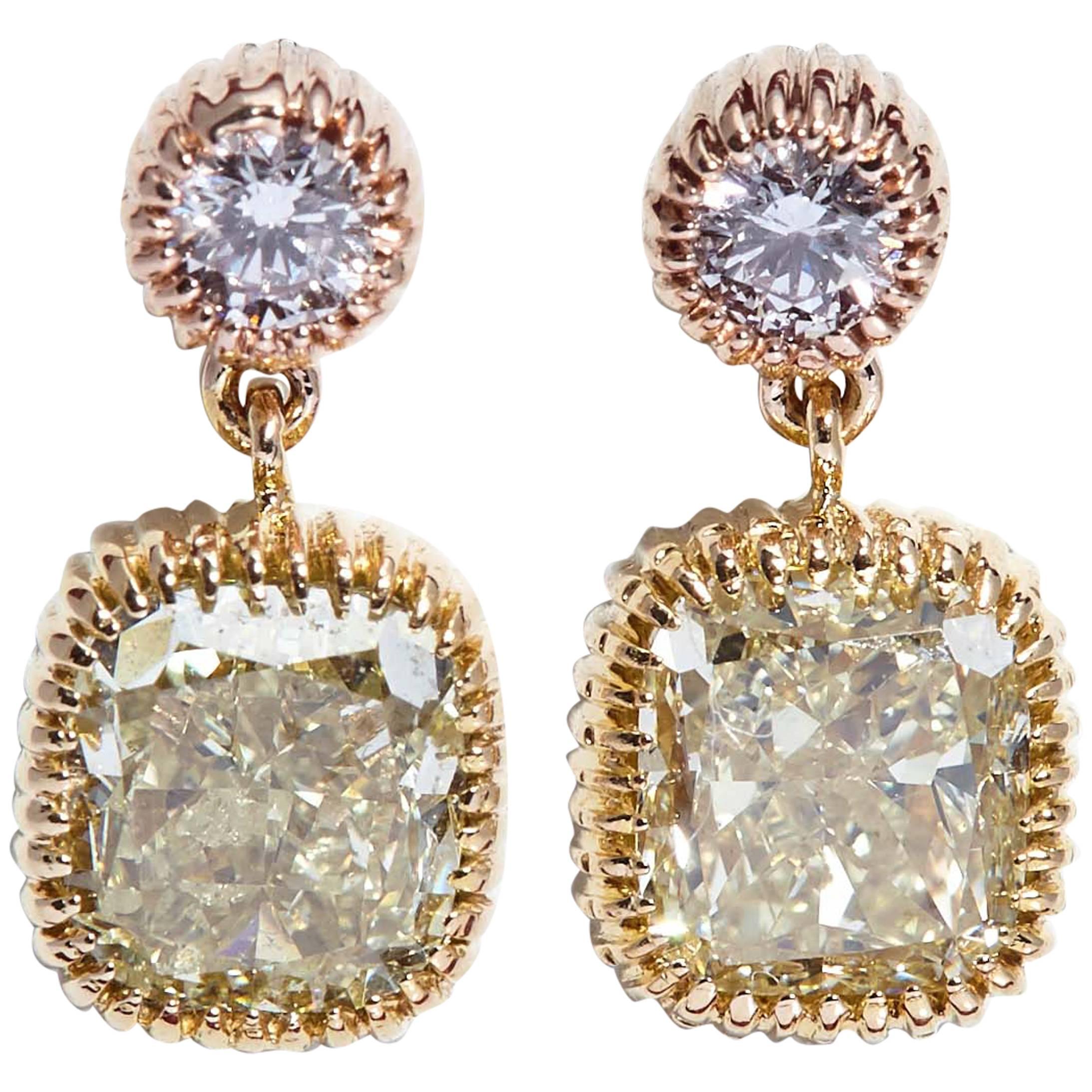 GIA Yellow Cushion and Round Pink Diamonds 3.25 Carat Dangling Gold Earrings For Sale