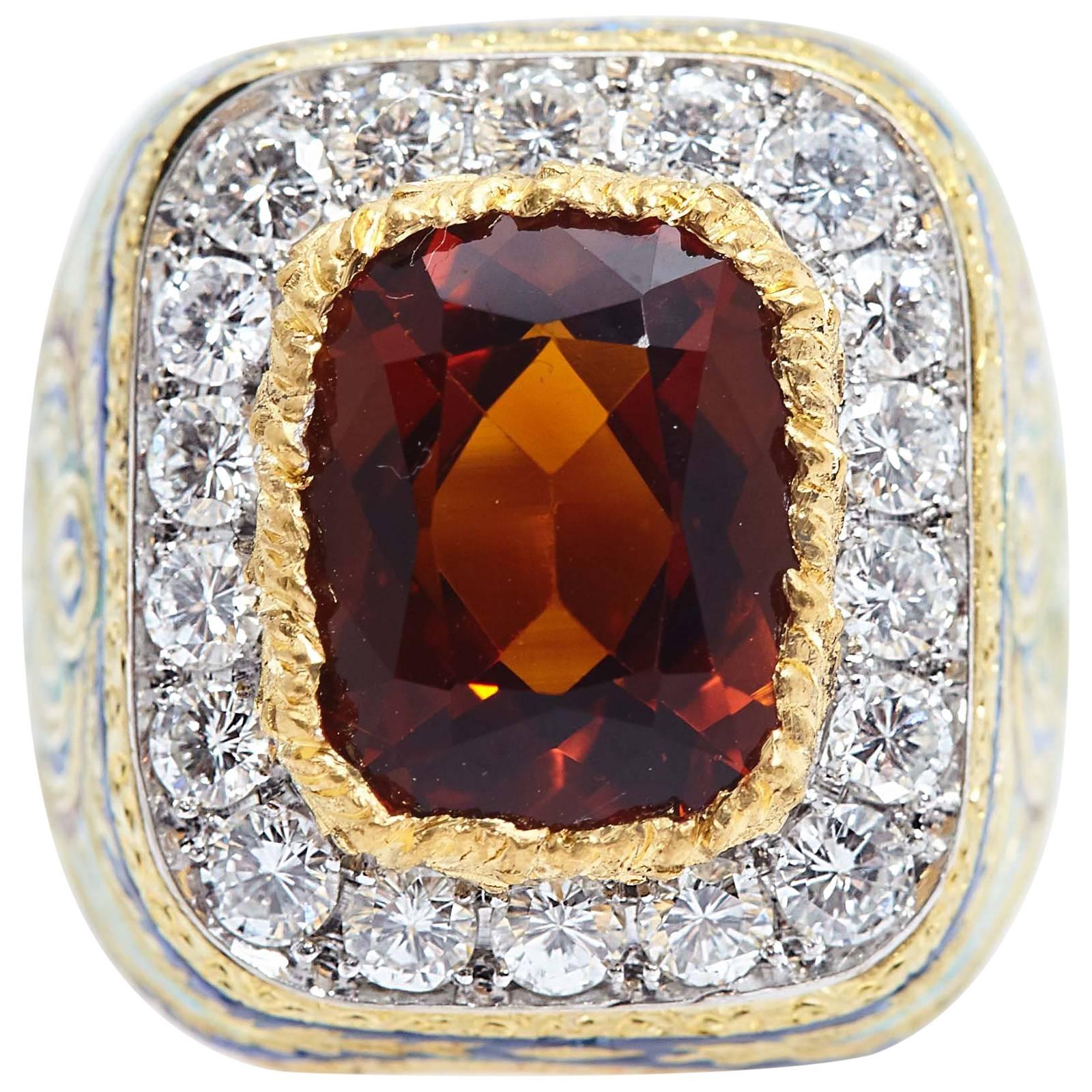 Cazzaniga Multi-Color Enamel Citrine Diamond Gold Ring For Sale