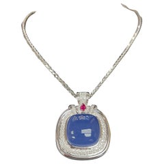 18k White Gold All-Natural Chalcedony Pendant w/ Ruby & Round Diamonds