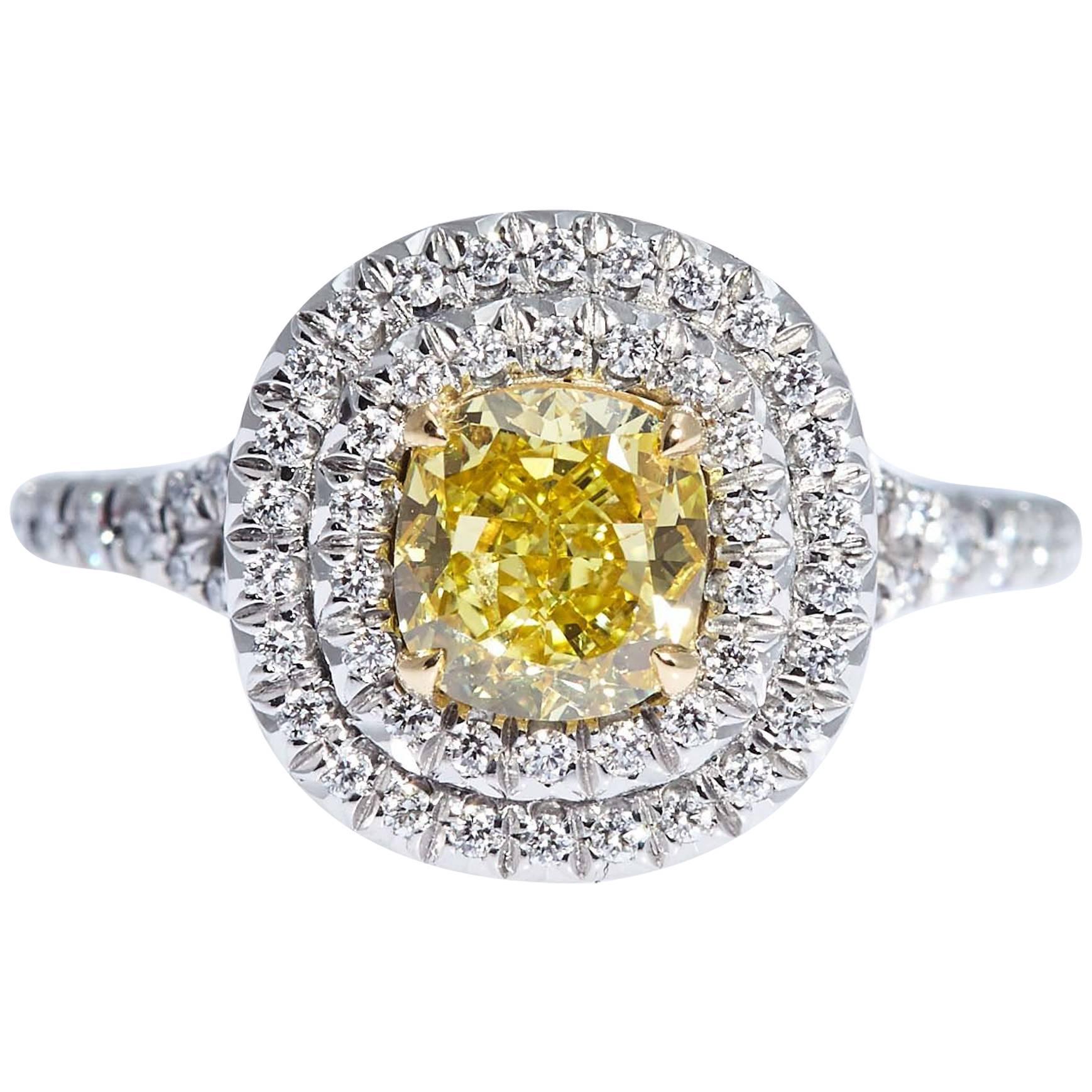 GIA Vivid Yellow Cushion Shaped Diamond Platinum Gold Ring For Sale