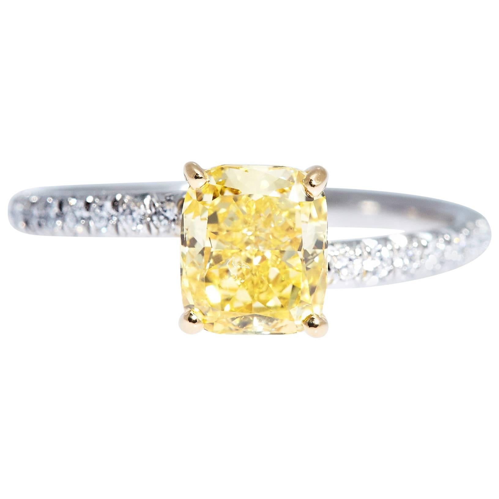 GIA Certified Fancy Vivid Yellow Cushion Cut Diamond Platinum Gold Ring For Sale