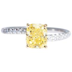 GIA Certified Fancy Vivid Yellow Cushion Cut Diamond Platinum Gold Ring