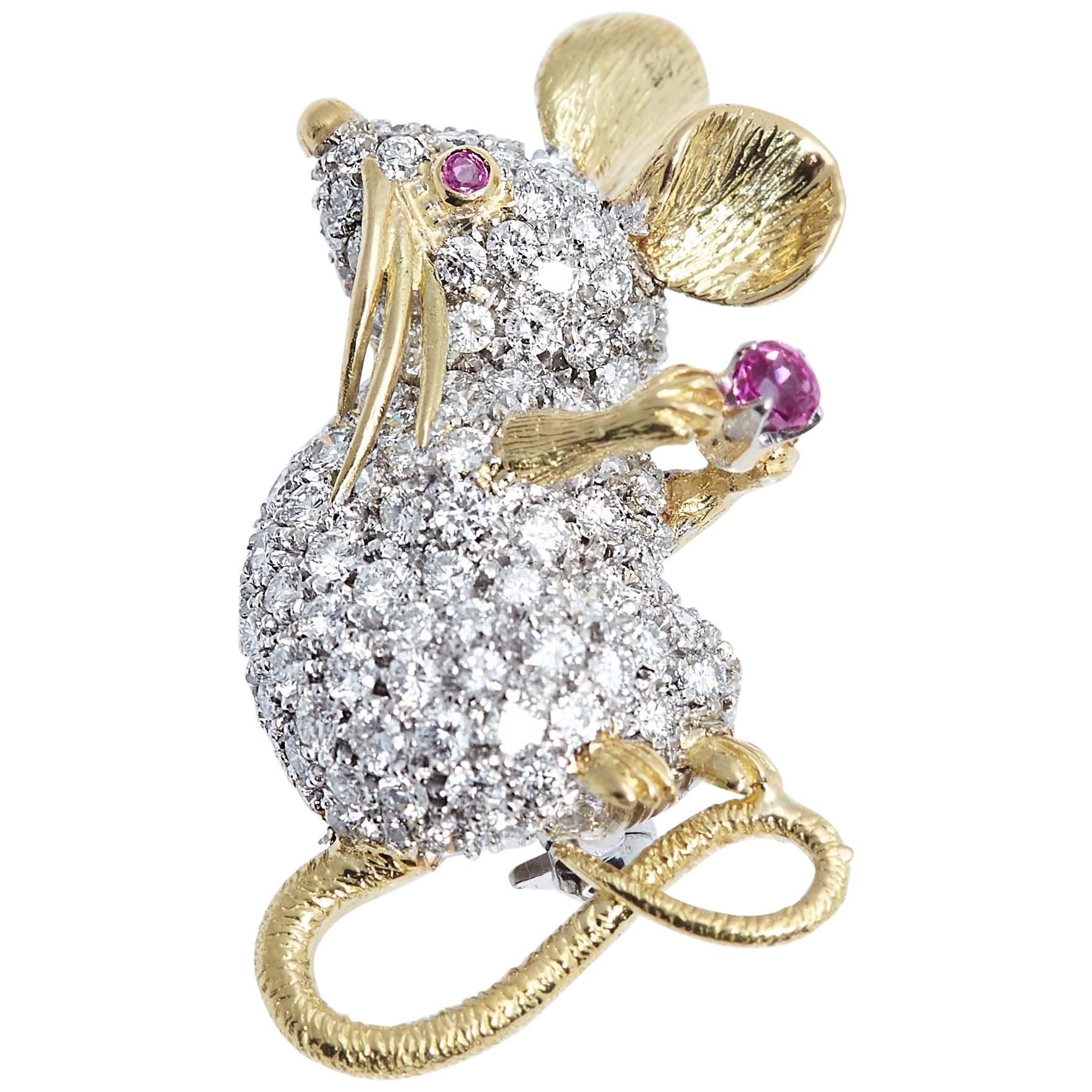 Tiffany & Co. Whimsical Mouse Diamond Ruby Brooch For Sale