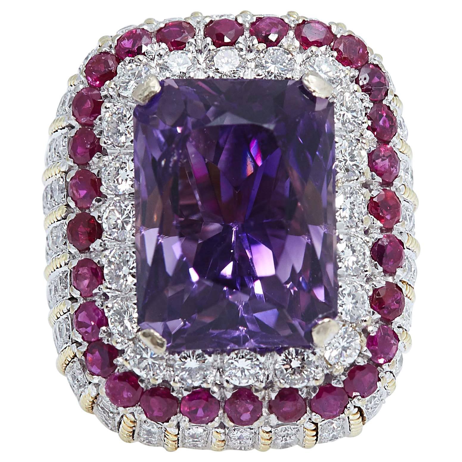 Amethyst Ruby Diamond Gold Ring For Sale