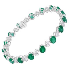 Bracelet de pierres précieuses émeraudes de Zambie en or blanc 14 carats et diamants, fait main