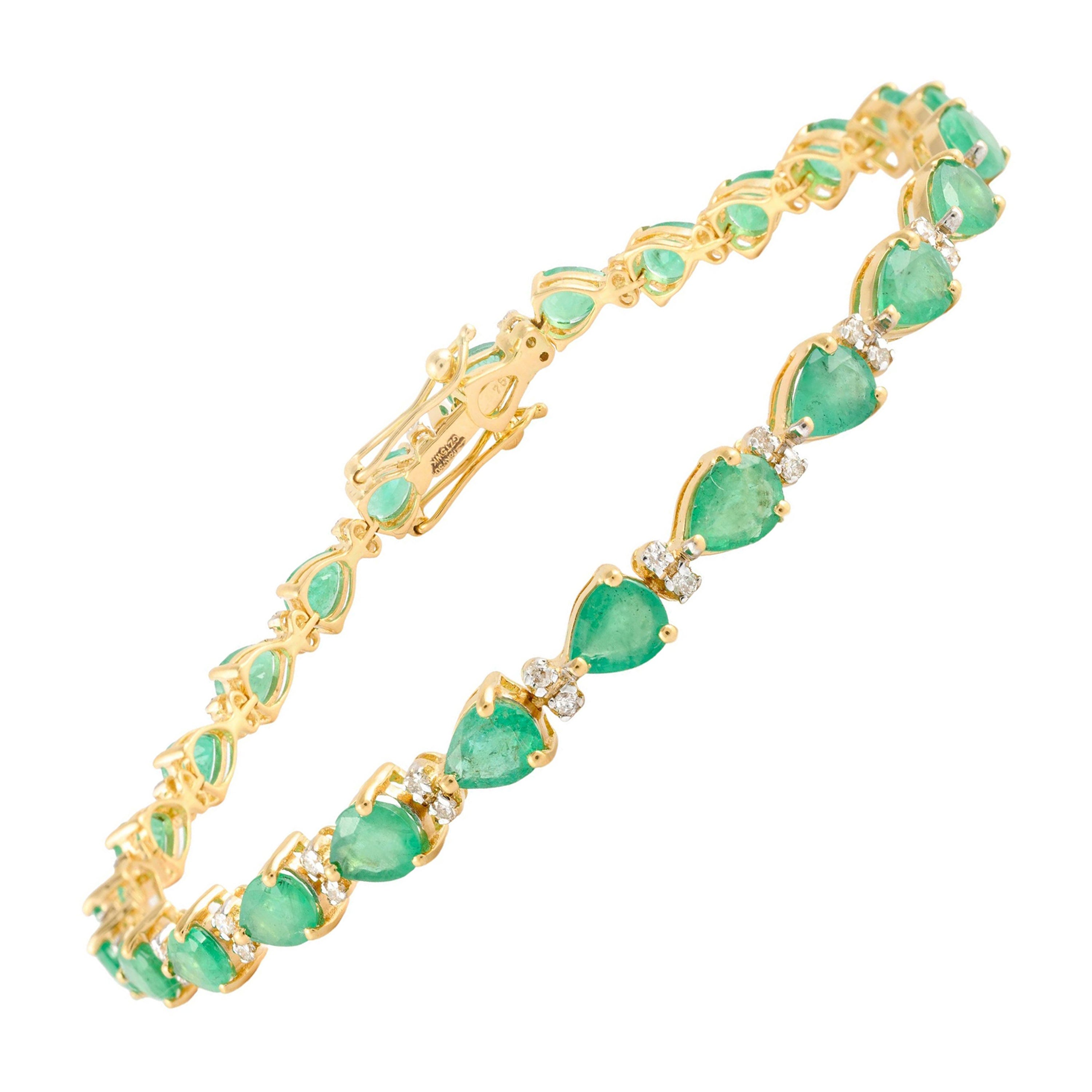 Bracelet en or jaune massif 18k avec émeraude naturelle taille poire et diamant