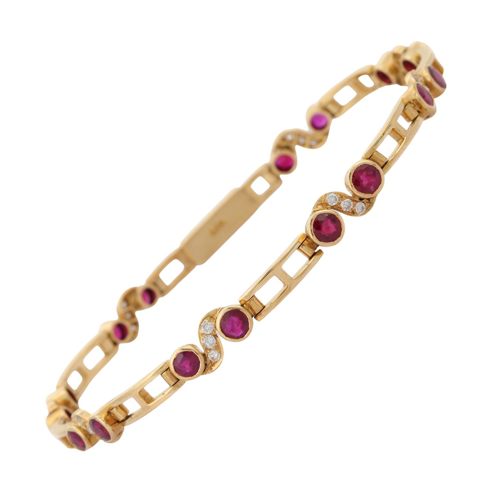 Pulsera de diseño de oro amarillo de 18 quilates con diamantes y rubíes