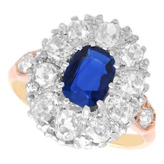 Bague grappe ancienne en or jaune 9 carats, saphir 1,40 carat et diamant 2,02 carats
