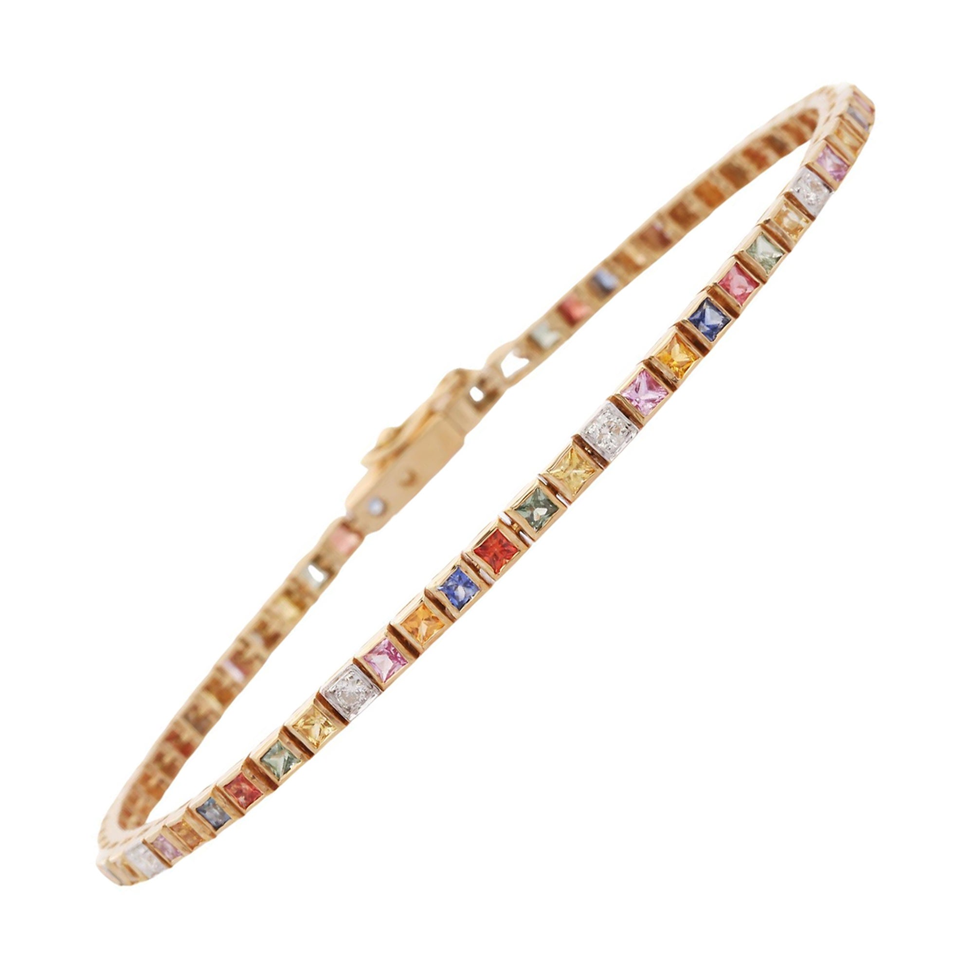 14kt massives Gelbgold 2mm Quadratisches Multi-Saphir-Tennisarmband mit Diamanten