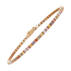 Bracciale tennis in oro giallo massiccio 14kt con zaffiri multipli quadrati da 2 mm e diamanti