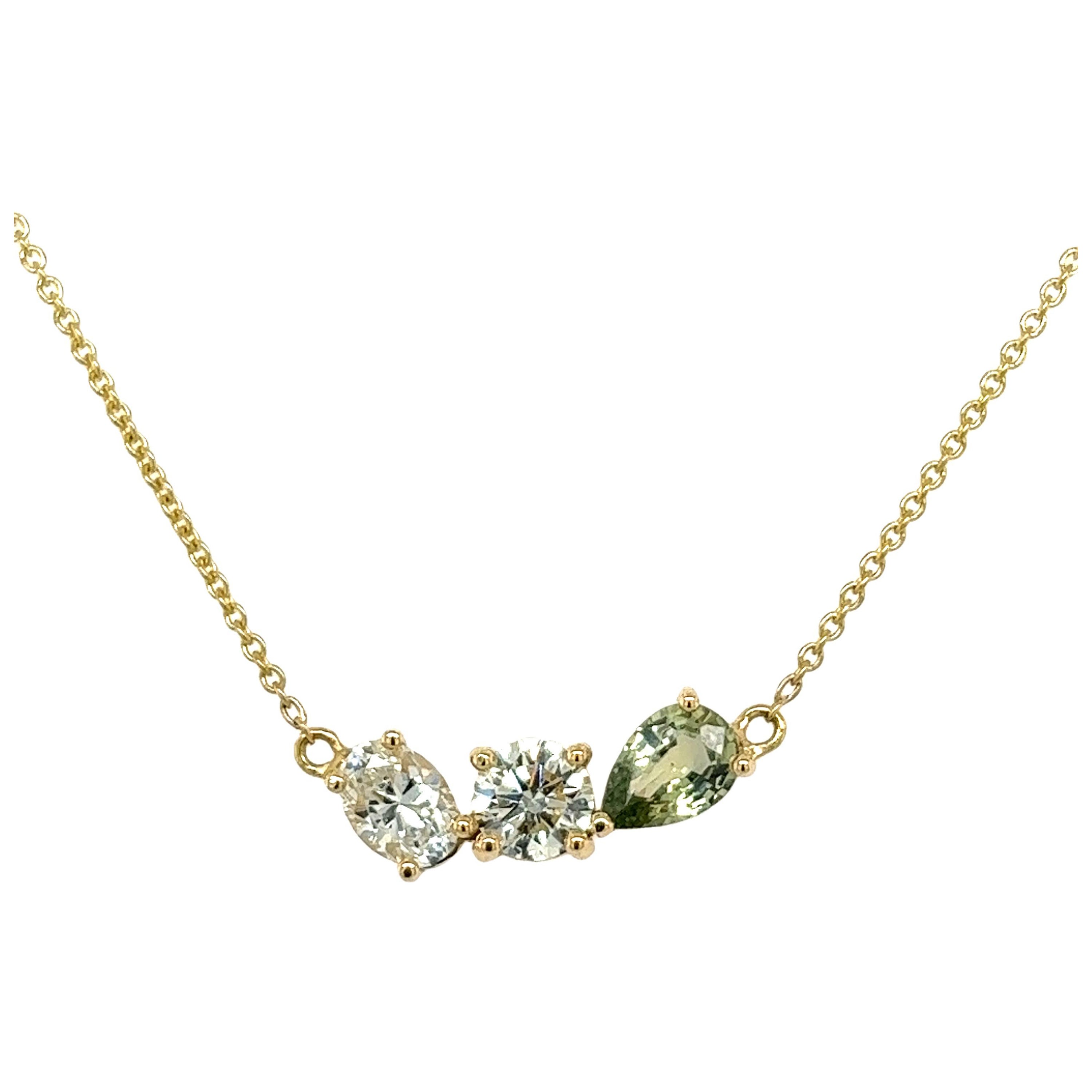 Elegant 3 Stone Pendant Diamond & Green Sapphire Set In 14ct Yellow Gold For Sale