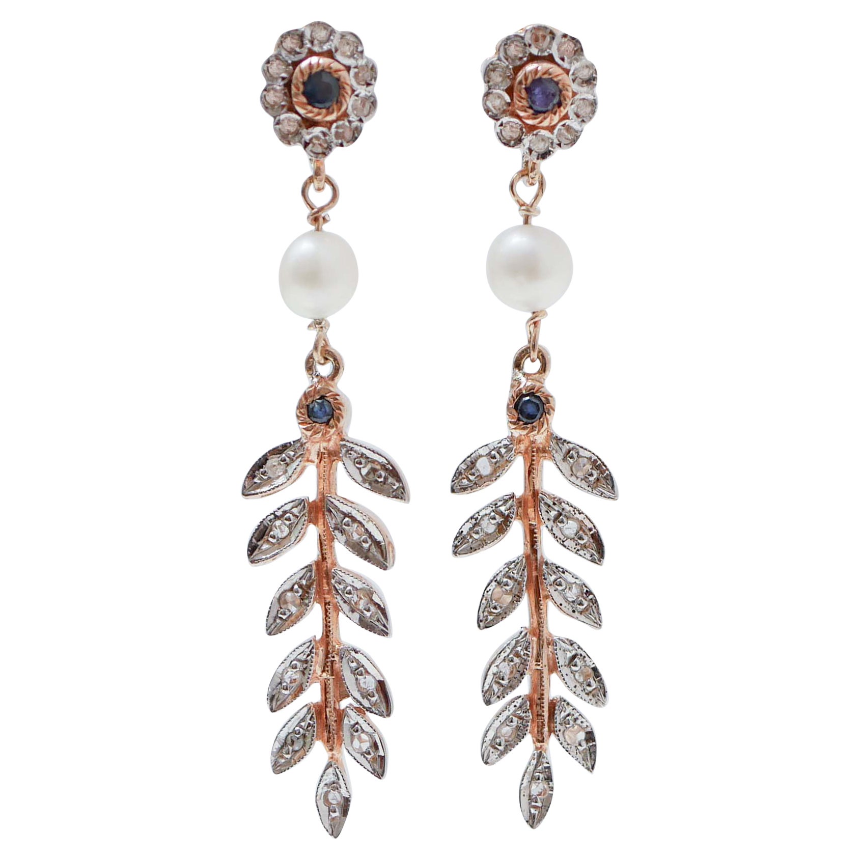 Sapphires, Diamonds, Pearls, Rose Gold and Silver Earrings.
