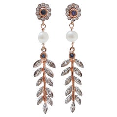 Sapphires, Diamonds, Pearls, Rose Gold and Silver Earrings.