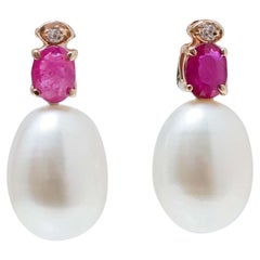 Pearls, Rubies, Diamonds, 14 Kt Rose Gold Earrings.
