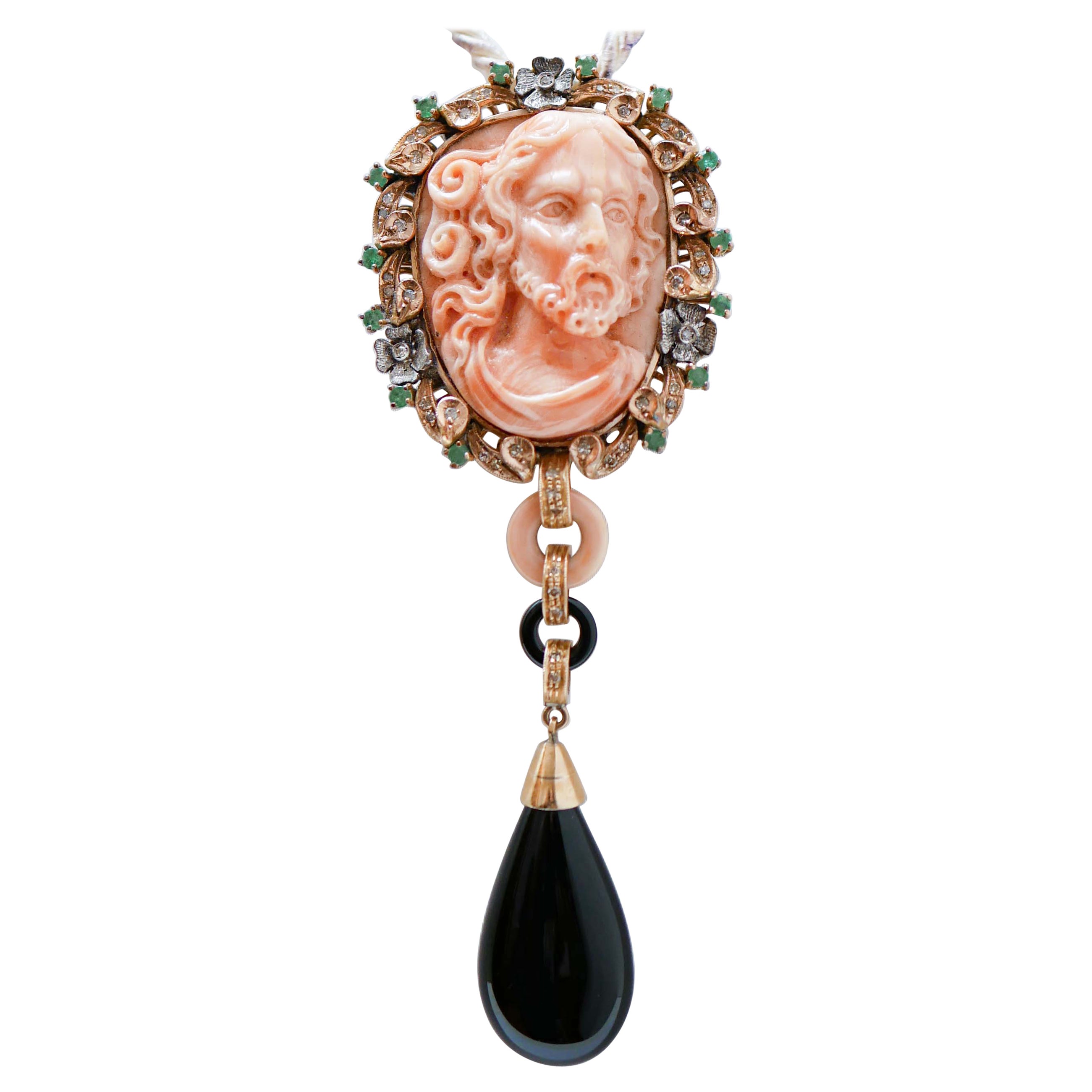 Coral, Onyx, Emeralds, Diamonds, 14 Kt Rose Gold and Silver Pendant.