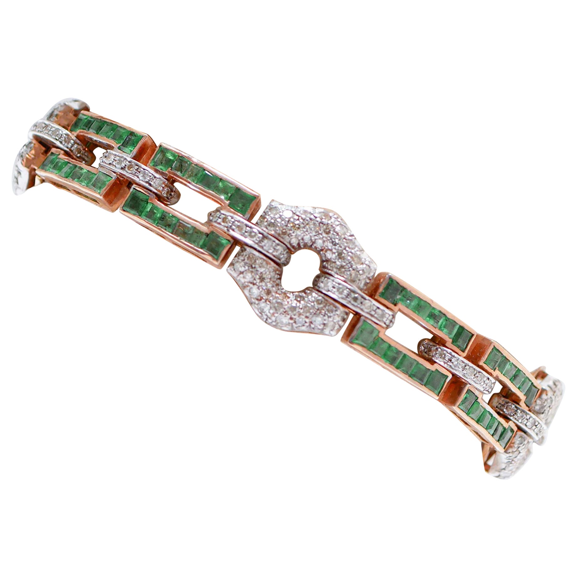 Emeralds, Diamonds, Rose Gold and Silver Bracelet.