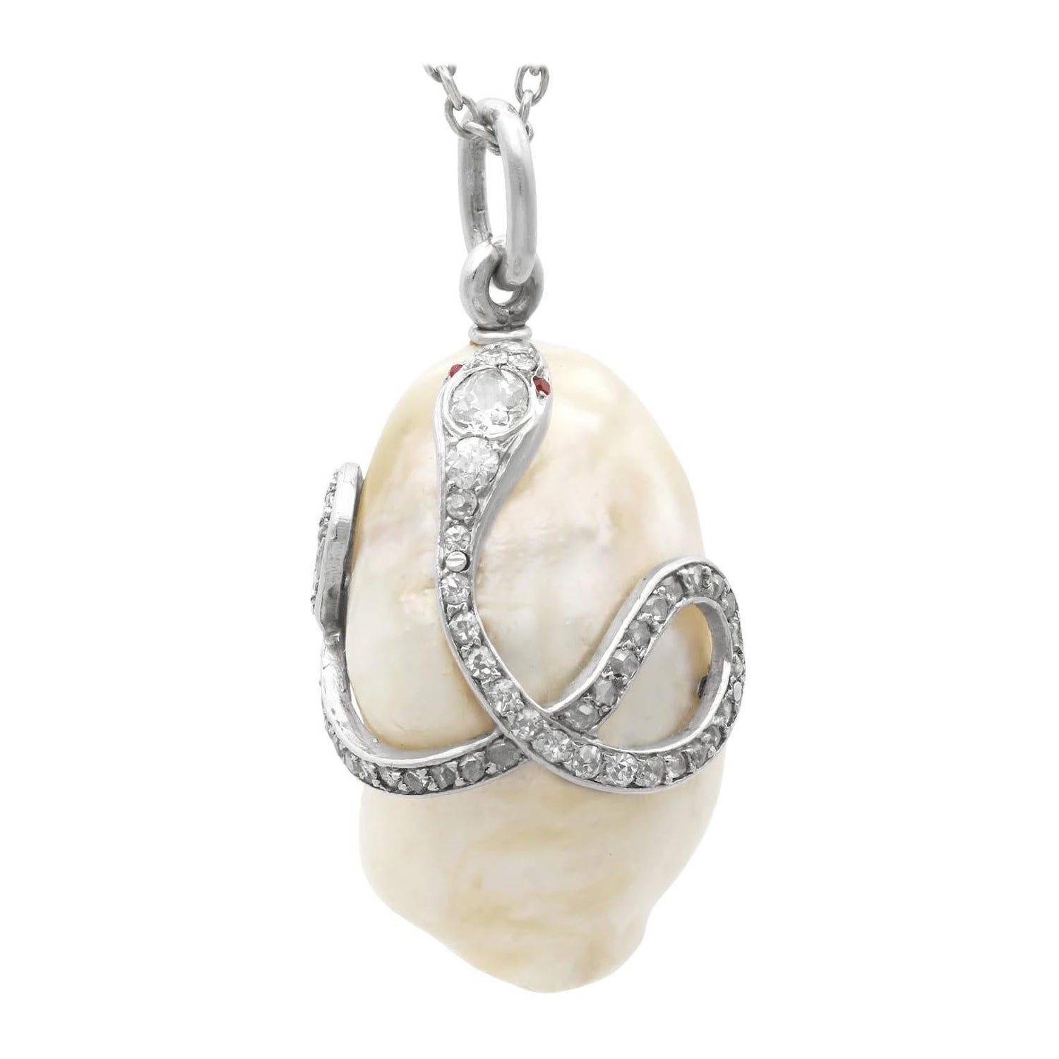 Antique Natural Saltwater Pearl, Ruby and 0.68Ct Diamond, Platinum Pendant