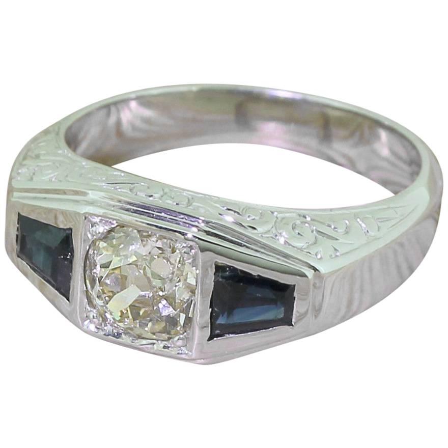 Art Deco 0.90 Carat Old Cut Diamond & Tapered Baguette Cut Sapphire Trilogy Ring For Sale