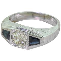 Art Deco 0.90 Carat Old Cut Diamond & Tapered Baguette Cut Sapphire Trilogy Ring