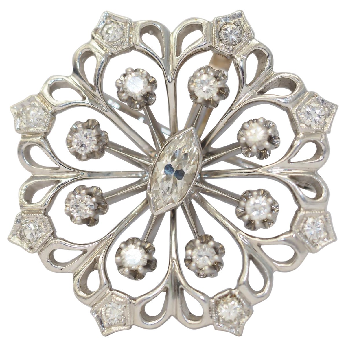 1940s Art Deco 14K White Gold Antique Marquise Diamond Brooch and Pendant