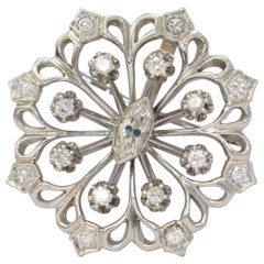 1940s Art Deco 14K White Gold Antique Marquise Diamond Brooch and Pendant