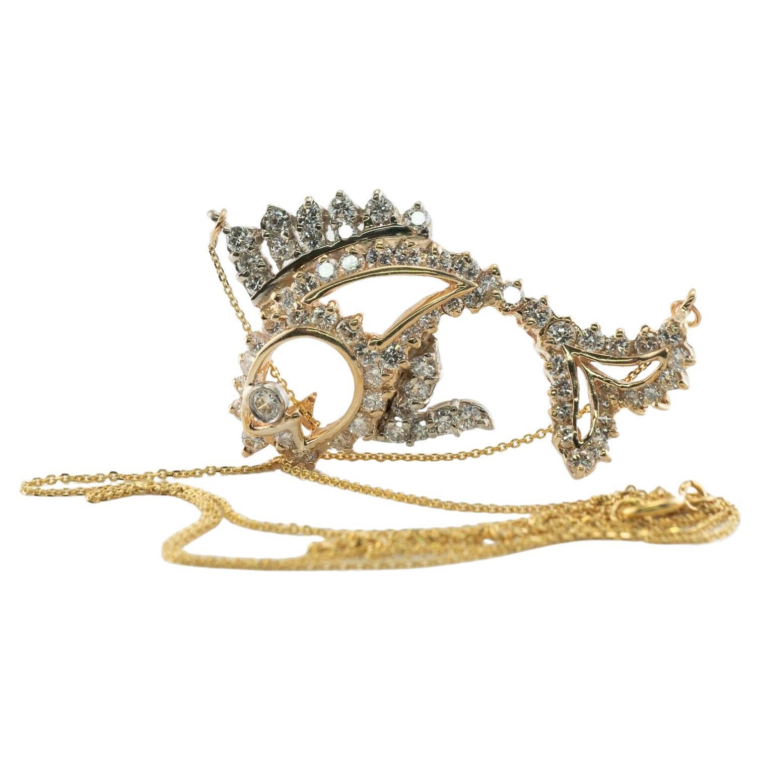 Natural Diamond Golden Fish Necklace Pendant 14K Gold 2.44 TDW For Sale