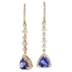 Boucles d'oreilles pendantes en or jaune 14K Tanzanite et diamant avec 3.80 carats modifiés