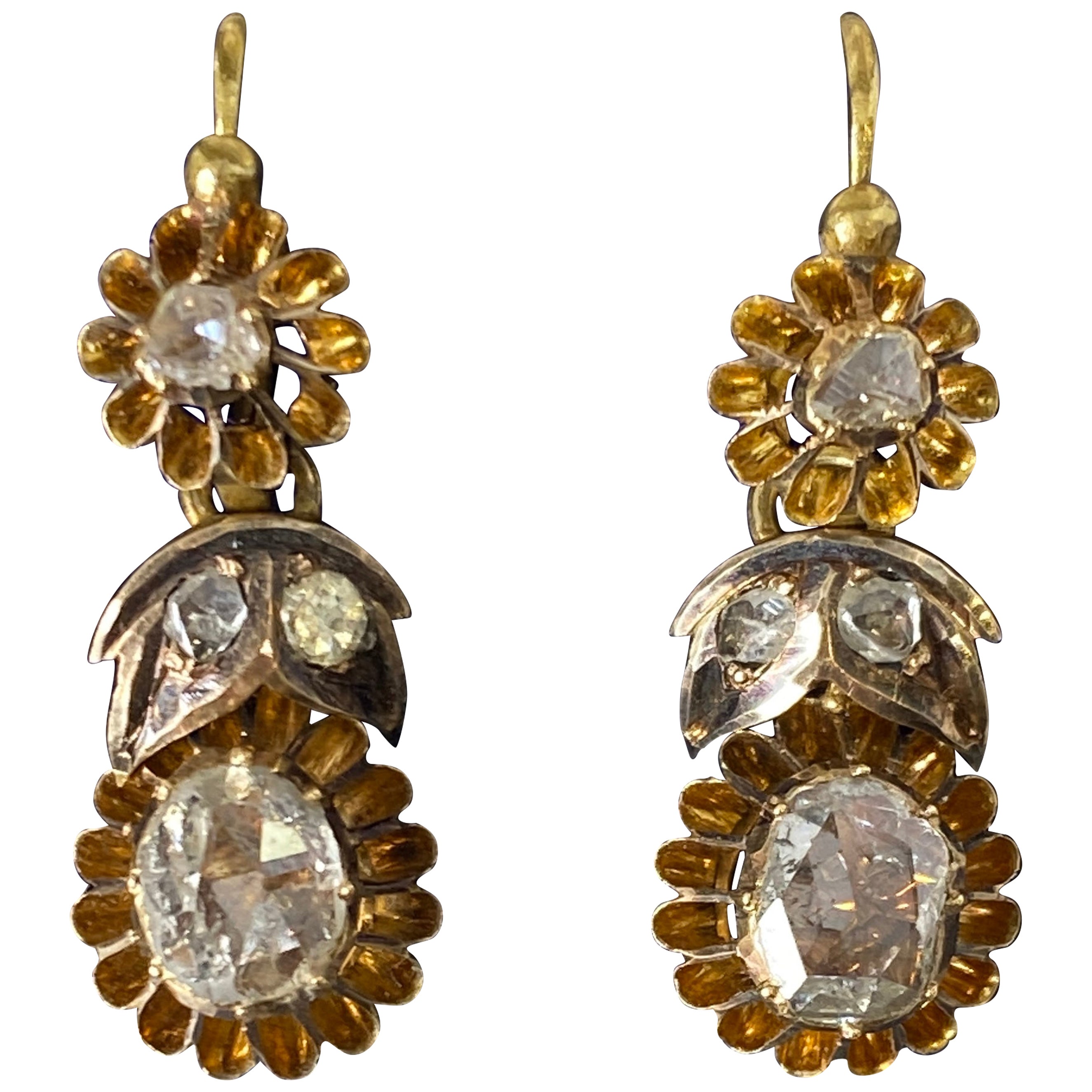 Antike österreichische Ungarisches Kaiserreich 14k Diamant-Ohrringe im Rosenschliff Tag- und Nachtschliff