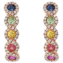 14KT Rose Gold Multi Color Sapphire And Diamond Huggie Earrings