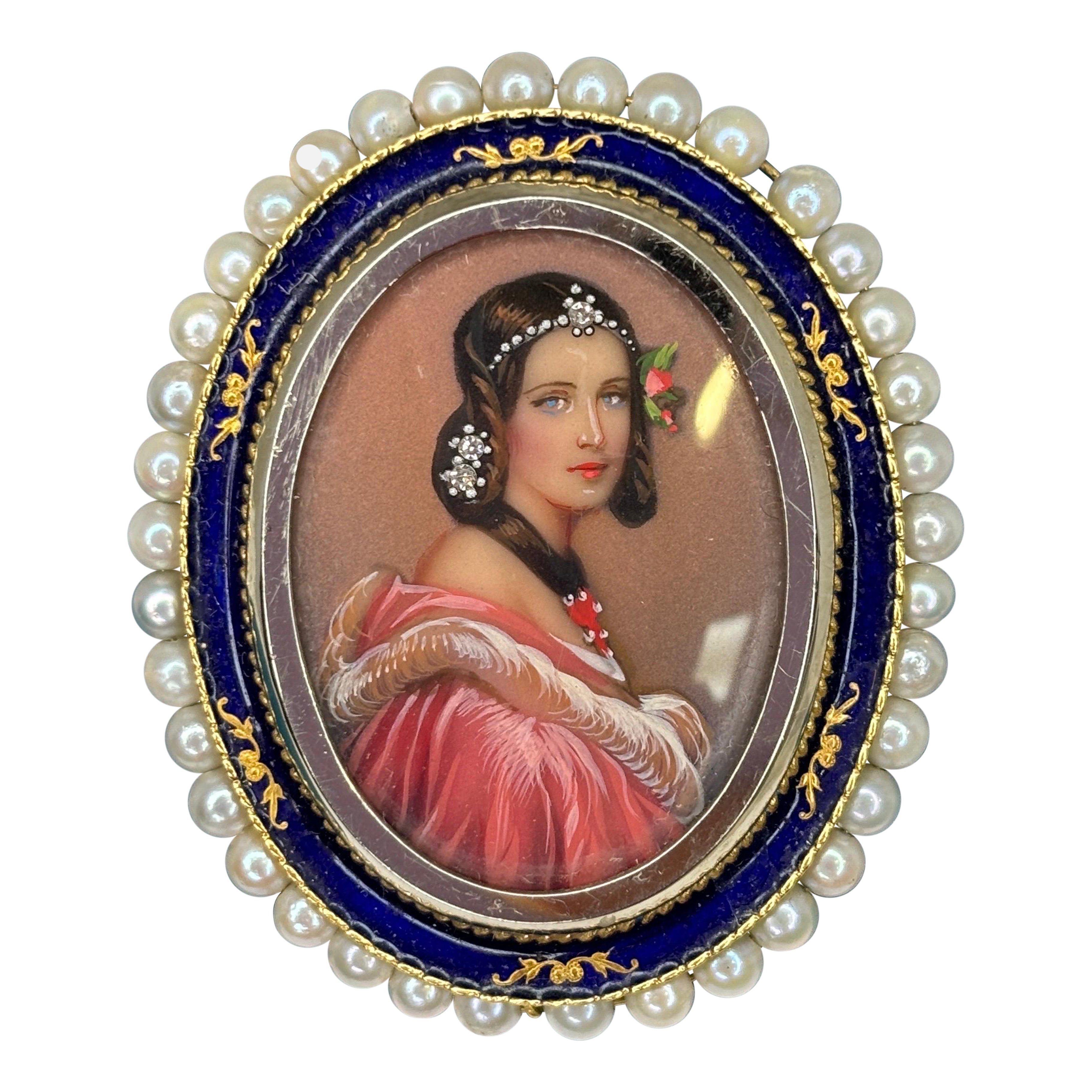 Colgante de perla y broche esmaltado en oro amarillo de 18k Retrato en miniatura