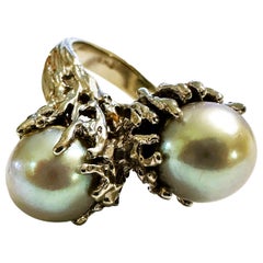 Modernist Diamond Cut 14K White Gold Natural Freshwater Gray Pearl Twig Ring