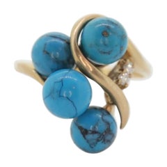 14k Turquoise Diamond cluster ring. Bypass Turquoise Bead Sphere Ball cluster