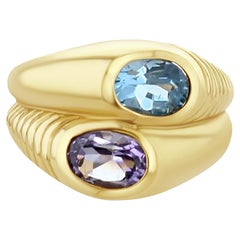 Anillo Bypass Amatista y Topacio Azul Oro Amarillo 14k