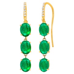 14 Karat Yellow Gold Dangle Earrings Cabochon Emeralds Diamond Shepherd Hoops