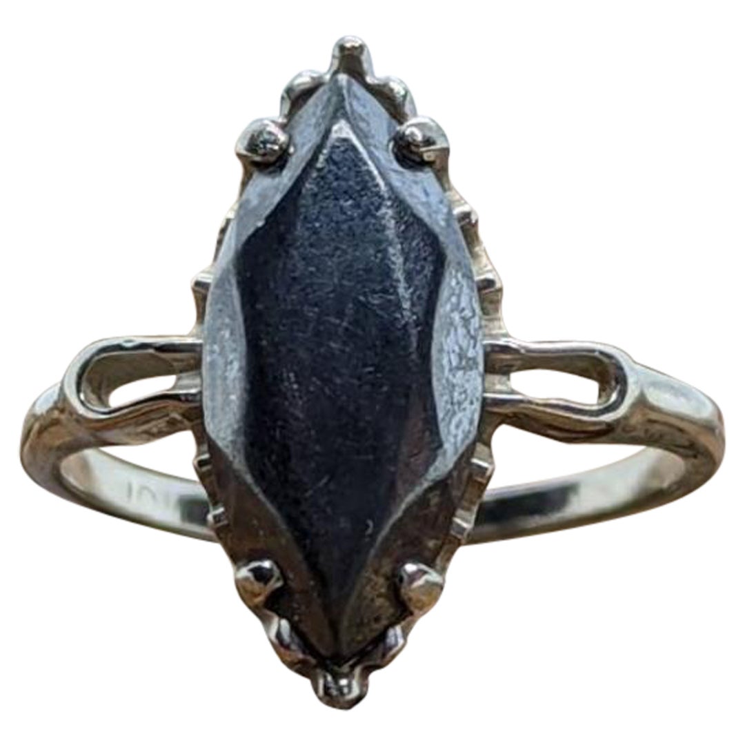 Marquise Hematite ring. 10k white gold Hematite ring. Navette Hematite ring.