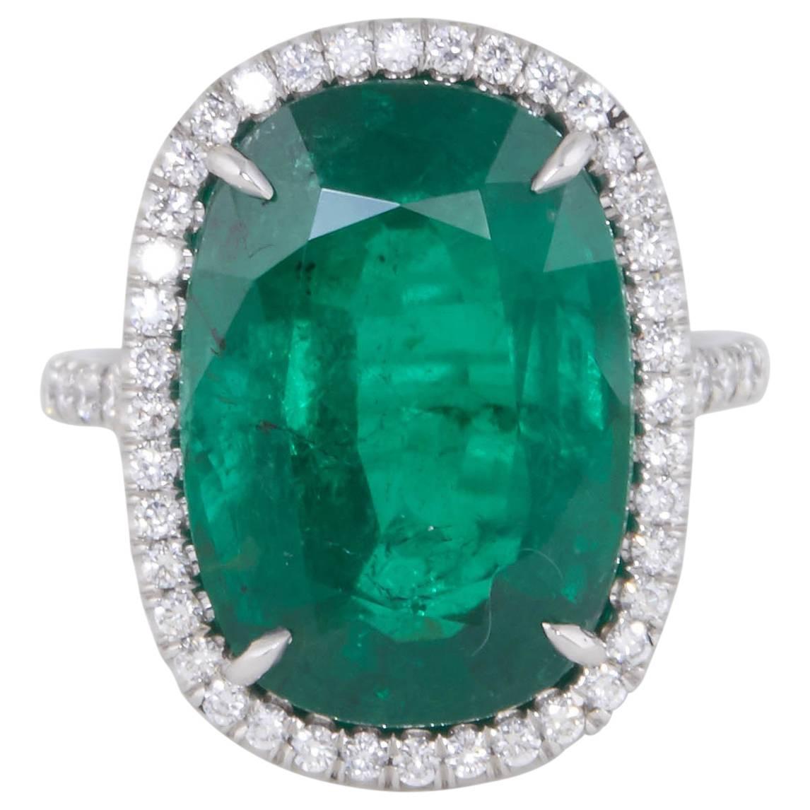 Fabulous Cushion Cut GIA Certified Green Emerald Platinum Ring