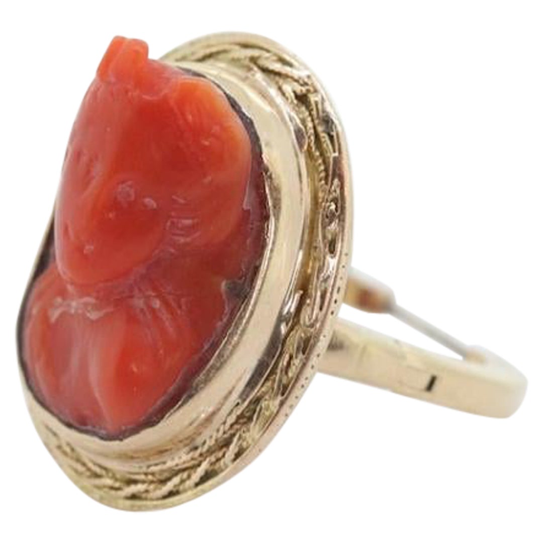 Carved Coral cameo bezel ring. 14k Gold Arthritic Knuckle Fit ring. Finger Fit For Sale
