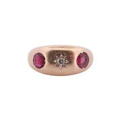 Antique 14k Triple Ruby Diamond signet ring. Gypsy Diamond bezel set into Signet