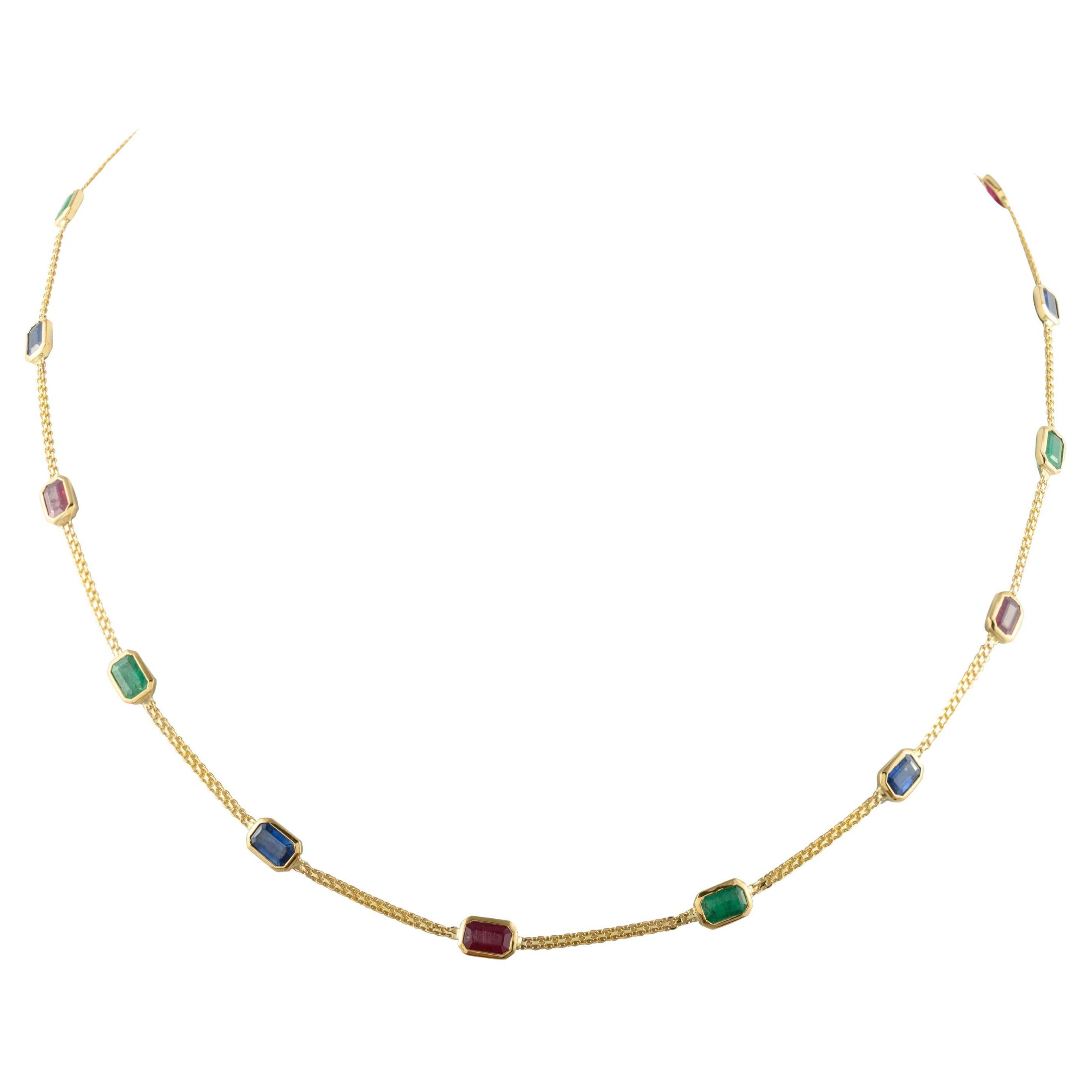 Emerald Ruby Sapphire Choker Necklace 18k Solid Yellow Gold, Grandma Gift For Sale