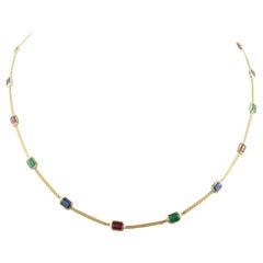Collier choker en or jaune massif 18 carats, émeraude, rubis et saphir, cadeau de grand-mère