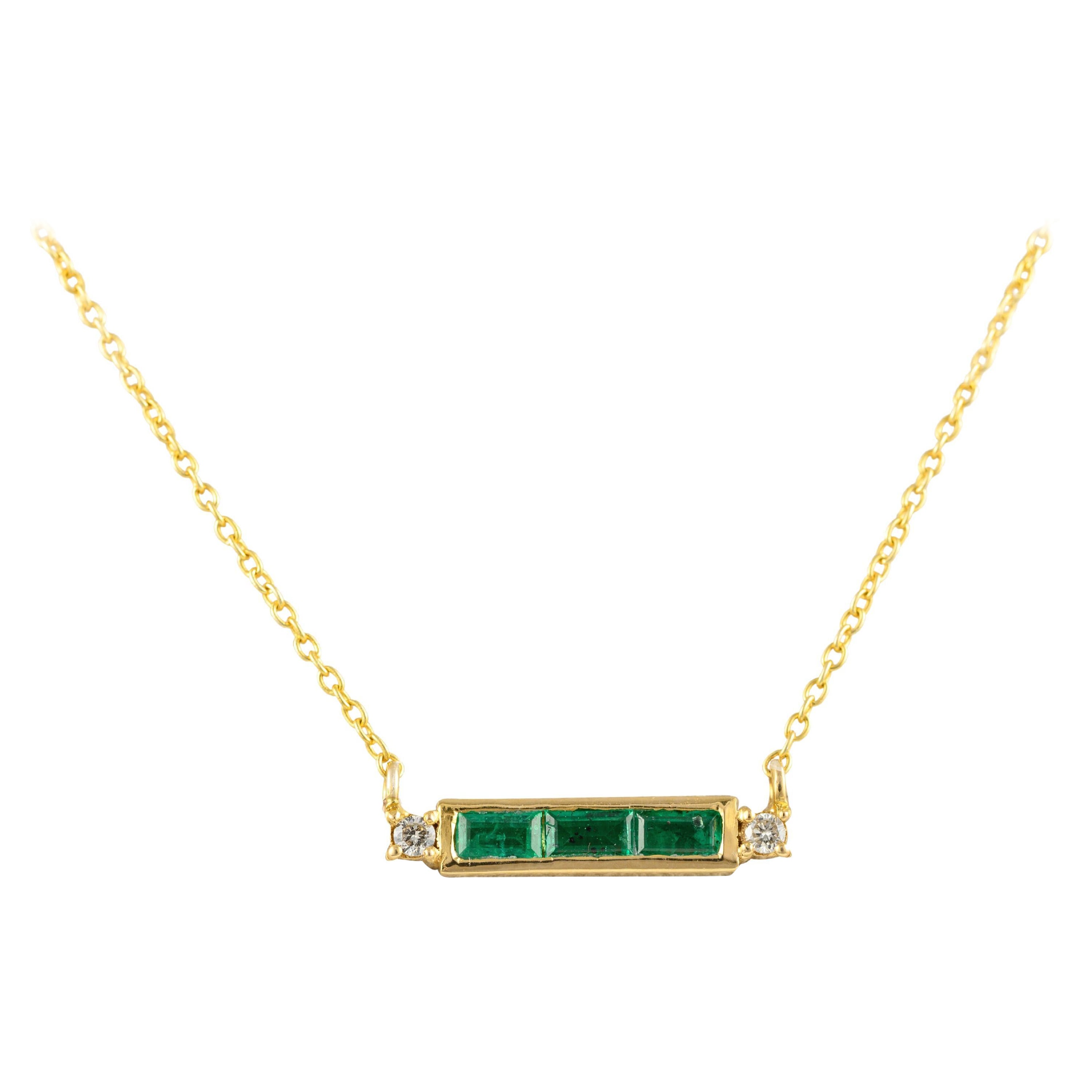 14k Solid Yellow Gold Diamond Emerald Baguette Bar Necklace, Thank You Gift For Sale