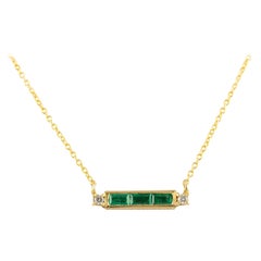 14k Solid Yellow Gold Diamond Emerald Baguette Bar Necklace, Thank You Gift