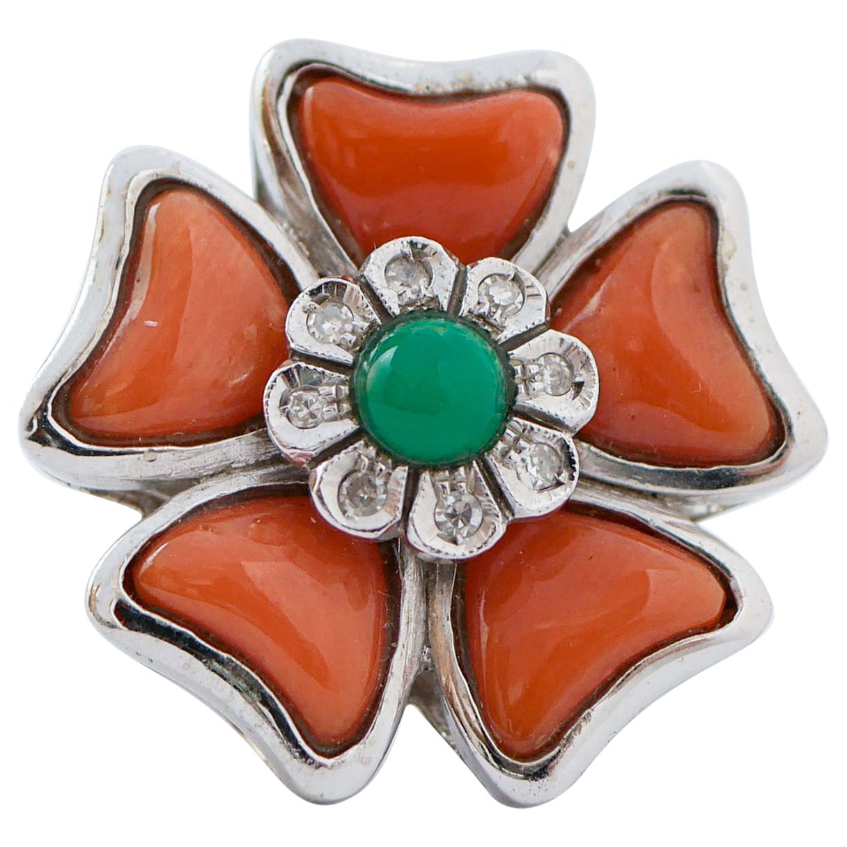 Anillo Flor Coral, Ágata, Diamantes, Oro Blanco 14 Kilates.