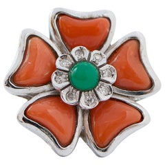 Coral, Agate, Diamonds, 14 Karat White Gold Flower Ring.
