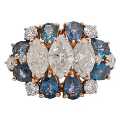 Bague Navette de 3,11 carats, diamants, saphirs et or blanc 14 carats