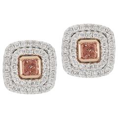 Fancy Pink Diamond Stud Halo Double Micro Pave Two Color Gold Earrings 8
