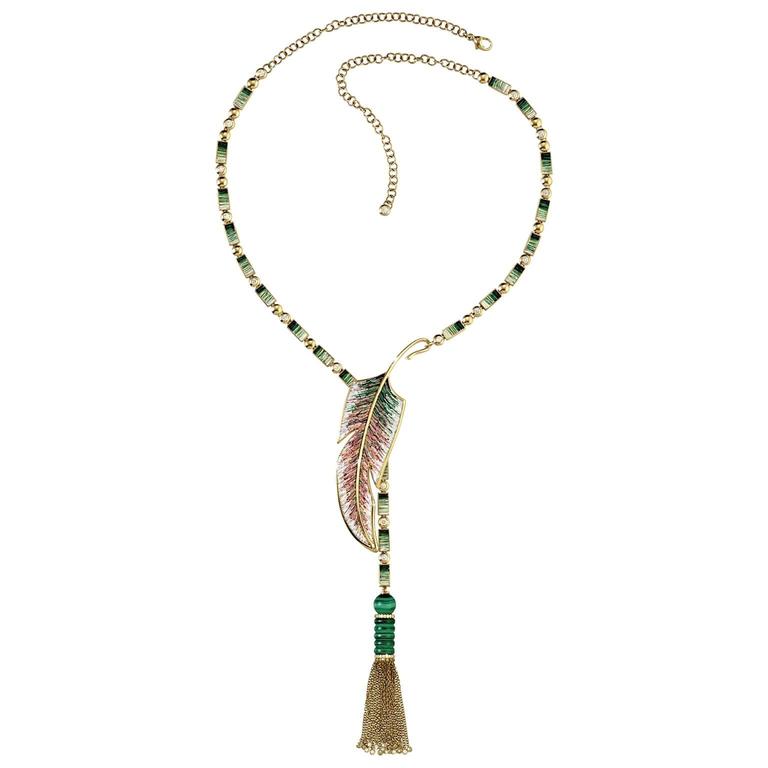 Sicis Piuma Diamond Malachite Micromosaic Gold Necklace For Sale